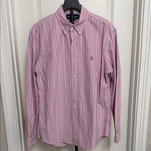 Ralph Lauren Men's Pink, Blue and White Striped Button Down Shirt